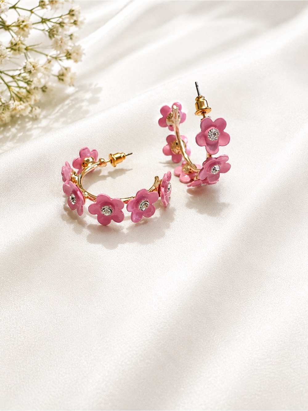 Pink Floral Hoop Earrings Gold Tone Rhinestone Daisy Earrings